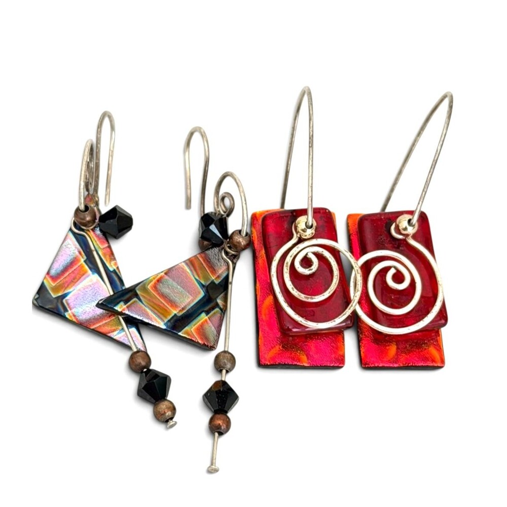 Lot 2 Pairs Dichroic Fused Glass Dangle Earrings Red Swirl & Geometric